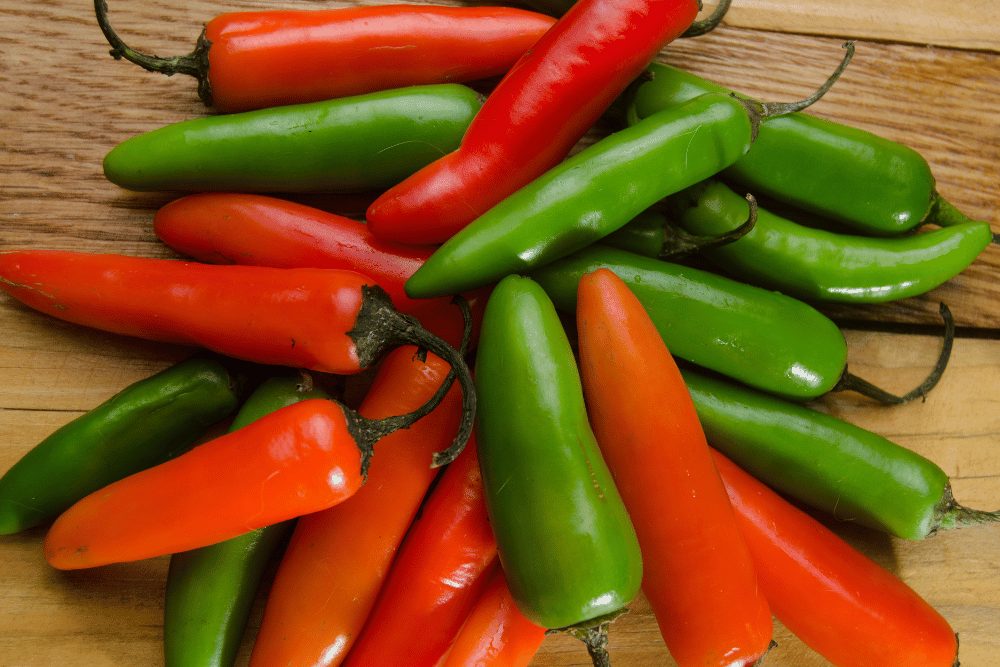 Unripe green and ripe red serrano peppers. 