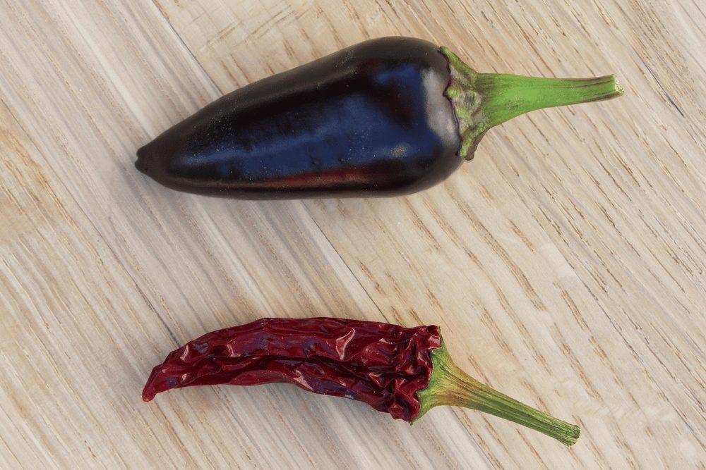 Fresh and dried black Hungarian peppers. 